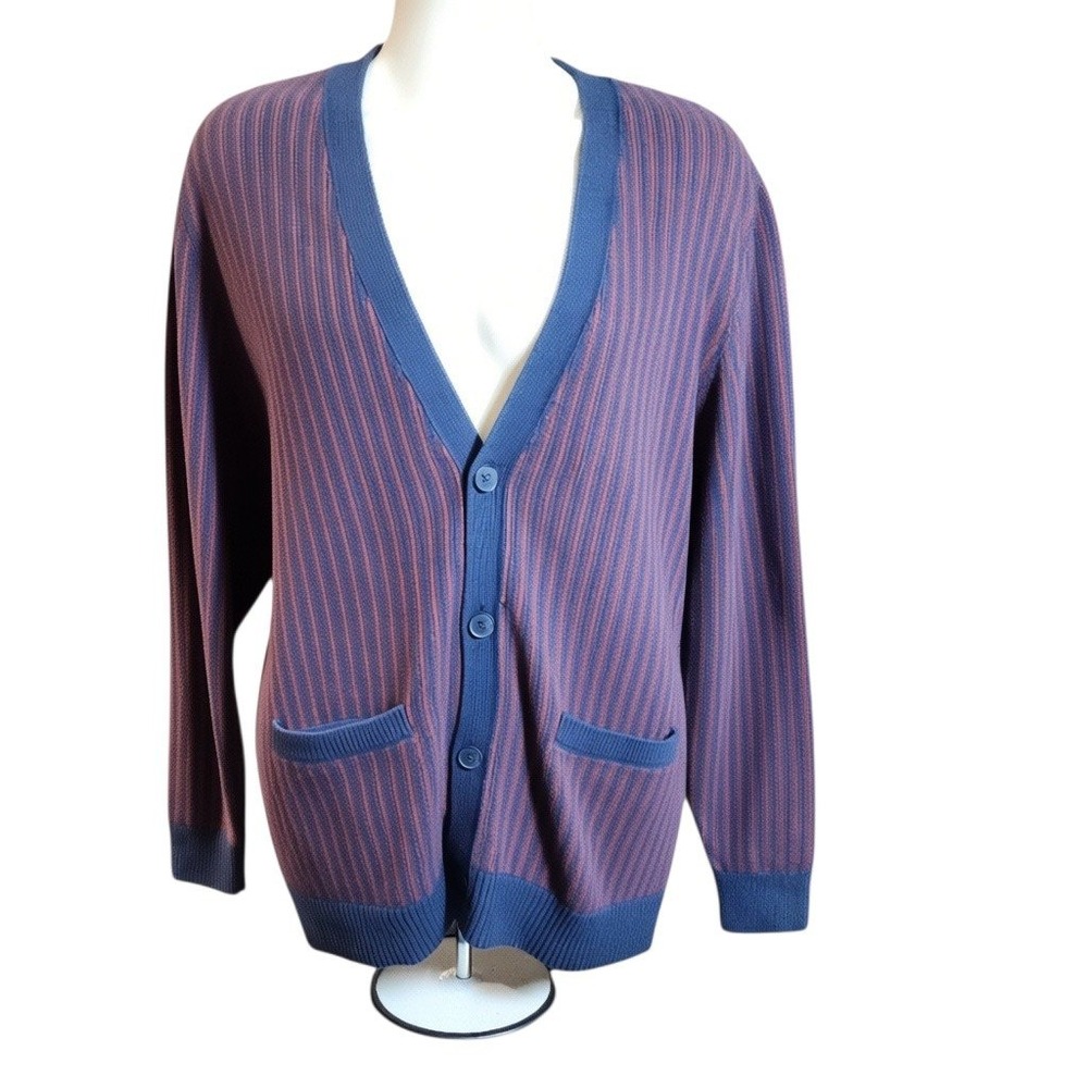 Goodfellow & Co Mens L Cardigan Sweater Blue Burgundy Stripe V-Neck Button Front - Picture 2 of 7